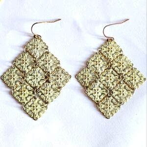 Filigree earrings dangly white on gold tone metal jointed diamond shaped
